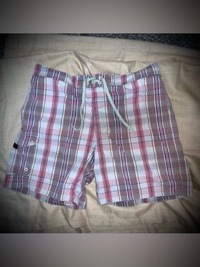 Men’s Merona Lined Swim Trunks Plaid Large Drawstring Board Shorts
